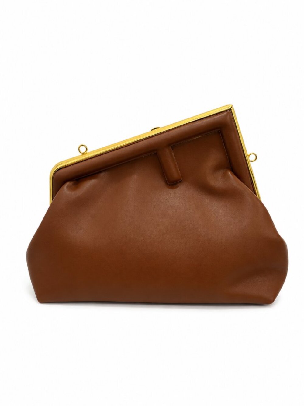 Structured Brown Leather Frame Clutch With Gold Hardware